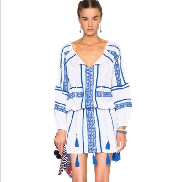 Dodo Bar Or Mustafa Cotton Cover Up Dress Blue Embroidered Tassels Mini Cover - Picture 1 of 8